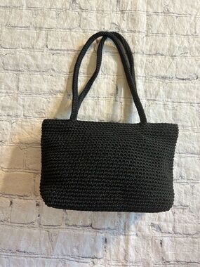 THE SAK BLACK CROCHETED SMALL SIZE SHOULDER BAG ZIP TOP BOHO DOUBLE STRAPS